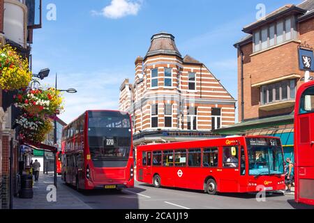 Buses on London Road, Mitcham, London Borough of Merton, Greater London, England, United Kingdom Stock Photo