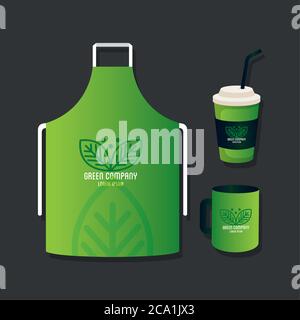 corporate identity brand mockup, apron and bottles drink green mockup, green company sign Stock Vector