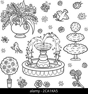 Black and white set of objects from the royal garden. Vector cartoon fountain, flowers, bushes for a princess Stock Vector