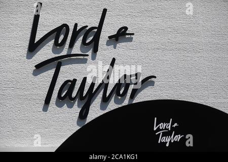 New York, USA. 3rd Aug, 2020. The logo of Lord & Taylor is seen at a store in Long Island, New York, the United States, on Aug. 3, 2020. Lord & Taylor, one of America's oldest department stores, filed for bankruptcy protection on Sunday, joining a growing list of stores slammed by the COVID-19 pandemic. Credit: Wang Ying/Xinhua/Alamy Live News Stock Photo