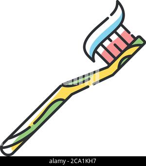 Bamboo toothbrush RGB color icon. Zero waste, dental hygiene. natural eco friendly product. Handmade wooden brush with toothpaste isolated vector illu Stock Vector