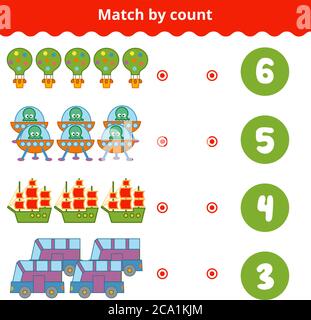 Counting Game for Preschool Children. Educational a mathematical game. Count the items in the picture and choose the right answer. Transport objects Stock Vector