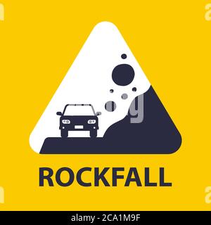 road yellow sign caution rockfall. flat vector illustration Stock Vector