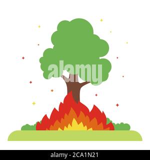 the tree burns in nature. big fire. flat vector illustration. Stock Vector