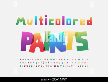 Multicolored paints alphabet square shape font rainbow bright gradient colors. Uppercase and lowercase letters, numbers, punctuation marks. Vector ill Stock Vector