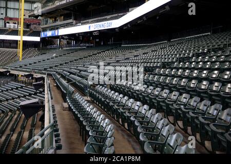 August 3, 2020: Empty seats during Opening Day due to Covid 19 during the Major League Baseball game between the Milwaukee Brewers and the Chicago White Sox at Miller Park in Milwaukee, WI. John Fisher/CSM Stock Photo