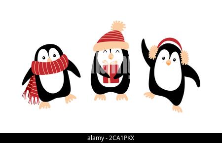 Cute cartoon Christmas penguins isolated on white background. Vector illustration. Stock Vector