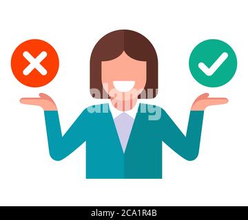 the girl chooses either yes or no. ponder your decision. Flat character vector illustration on a white background. Stock Vector