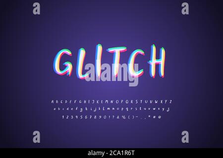 Digital glitch Alphabet white multicolor on dark background. Modern lettering font with stereo color effect. Uppercase and lowercase letters, numbers, Stock Vector