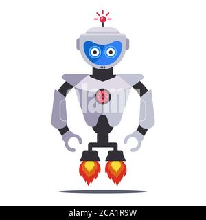 flying modern robot with turbines on a white background. Flat character vector illustration. Stock Vector