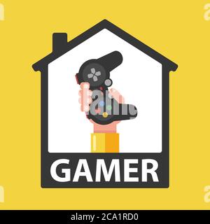 play computer games at home. hand holds the joystick. flat vector illustration. Stock Vector