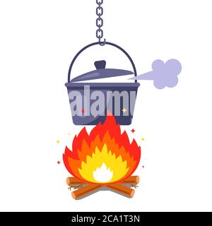 cooking at the stake. marching iron pan. Flat vector illustration isolated on white background. Stock Vector