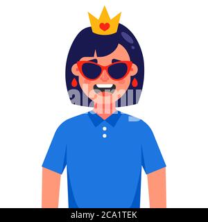 happy girl in a golden crown and sunglasses. Flat character vector illustration. Stock Vector