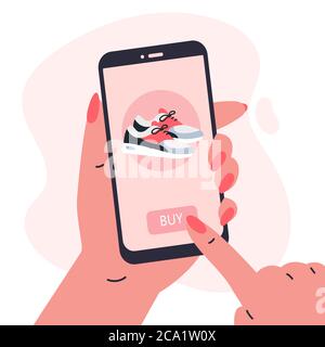 Woman doing shopping online.Phone in hand Stock Vector