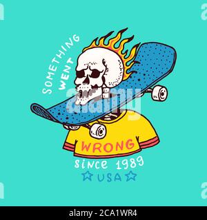 Burning skeleton with a skateboard on the neck. Label for typography. Vintage retro Ride on the boards concept. Template for t-shirt and logo. Hand Stock Vector