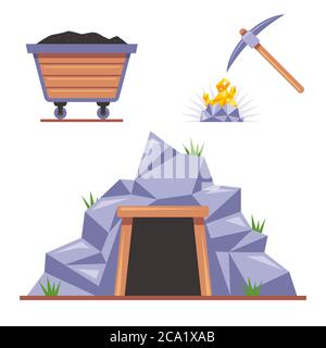 Mine in the rock for mining. pickaxe hits the stone. wooden trolley with coal. Flat vector illustration isolated on white background. Stock Vector
