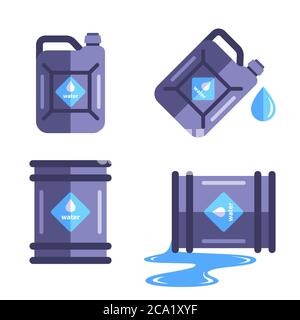 a set of containers for a set of water. spill water in the barrel. flat vector illustration isolated on white background. Stock Vector