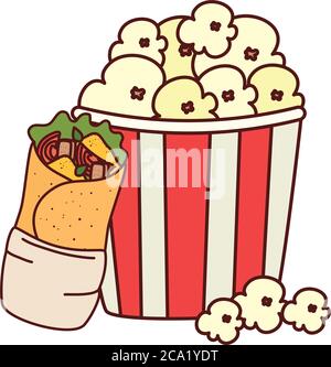 burrito mexican food with popcorn, on white background Stock Vector