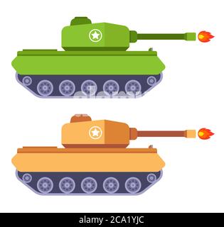 a set of tanks that fire a cannon. Flat vector illustration of military equipment. Stock Vector