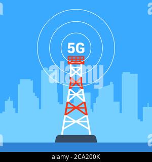 5G internet tower on the background of the city. flat vector illustration. Stock Vector