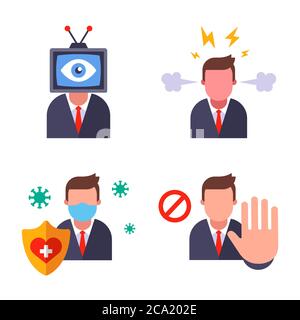 office set. man is watching. angry barefoot. quarantined worker. stop sign. flat character vector illustration Stock Vector