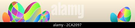 Horizontally repeated seamless banner of multicolor Easter eggs of colored gradient segments on beige background Stock Vector