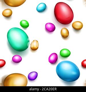Seamless pattern of realistic colored Easter eggs with shadows on white background Stock Vector