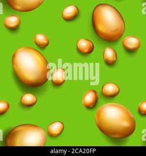 Seamless pattern of realistic golden Easter eggs with shadows on green background Stock Vector
