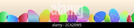 Horizontally repeated seamless banner of multicolor Easter eggs on beige background Stock Vector