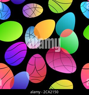 Seamless multicolored pattern of colored Easter eggs on black background Stock Vector
