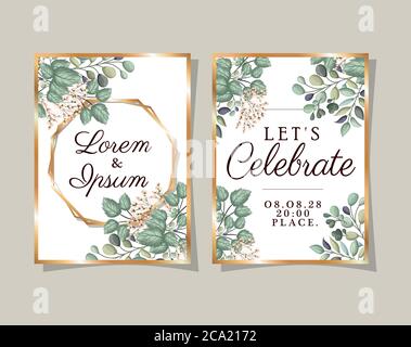 Two wedding invitations with gold frames flowers and leaves design, Save the date and engagement theme Vector illustration Stock Vector