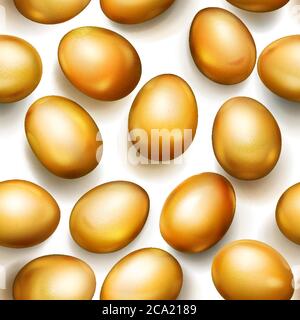 Seamless pattern of realistic golden Easter eggs with shadows on white background Stock Vector