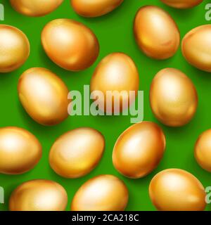 Seamless pattern of realistic golden Easter eggs with shadows on green background Stock Vector