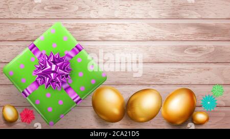 Realistic golden Easter eggs and beautiful gift box with bow on wooden planks Stock Vector