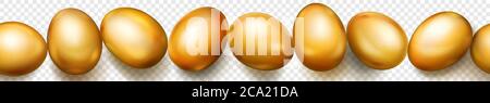 Horizontal seamless banner with horizontally repeated realistic golden Easter eggs with soft shadows on transparent background Stock Vector