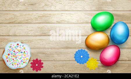 Realistic colored Easter eggs and tasty cake on wooden planks Stock Vector