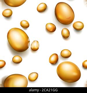 Seamless pattern of realistic golden Easter eggs with shadows on white background Stock Vector