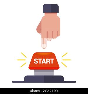 man presses the red start button. flat vector illustration. Stock Vector