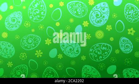 Background of Easter eggs and flowers in green colors Stock Vector