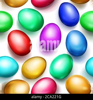 Seamless pattern of realistic colored Easter eggs with shadows on white background Stock Vector