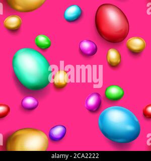 Seamless pattern of realistic colored Easter eggs with shadows on pink background Stock Vector