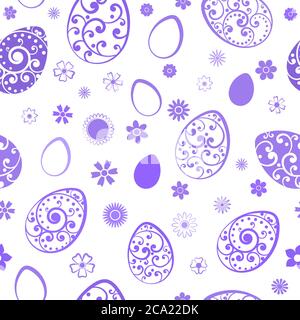 Seamless pattern of Easter eggs and flowers, violet on white Stock Vector