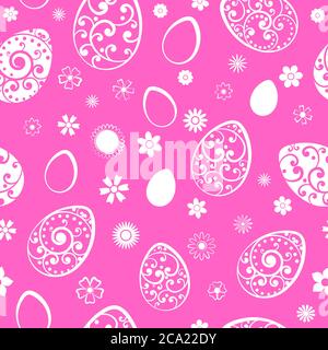 Seamless pattern of Easter eggs and flowers, white on pink Stock Vector