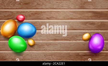 Realistic colored Easter eggs with shadows on wooden planks Stock Vector
