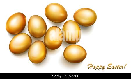 Realistic golden Easter eggs with shadows on white background Stock Vector