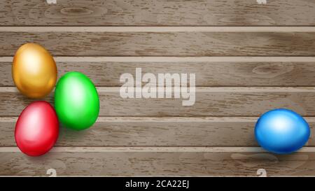 Realistic colored Easter eggs with shadows on wooden planks Stock Vector
