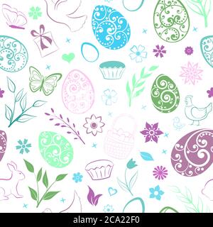 Seamless pattern of eggs, flowers, cakes, hen, chicken and other Easter symbols, multicolored on white Stock Vector