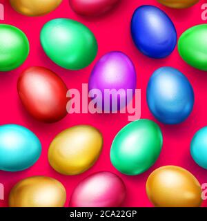 Seamless pattern of realistic colored Easter eggs with shadows on red background Stock Vector