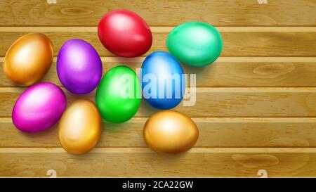 Realistic colored Easter eggs with shadows on wooden planks Stock Vector