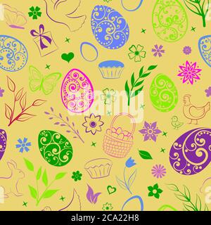 Seamless pattern of eggs, flowers, cakes, hen, chicken and other Easter symbols, multicolored on yellow Stock Vector